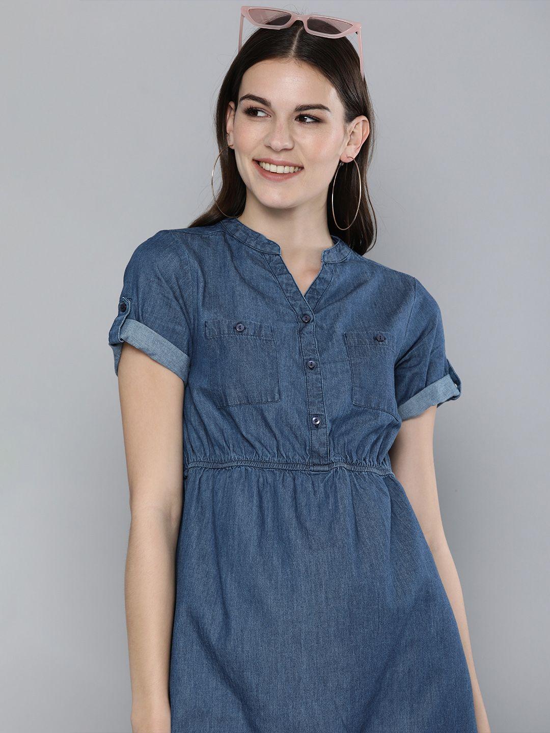 here&now women blue solid chambray a-line dress