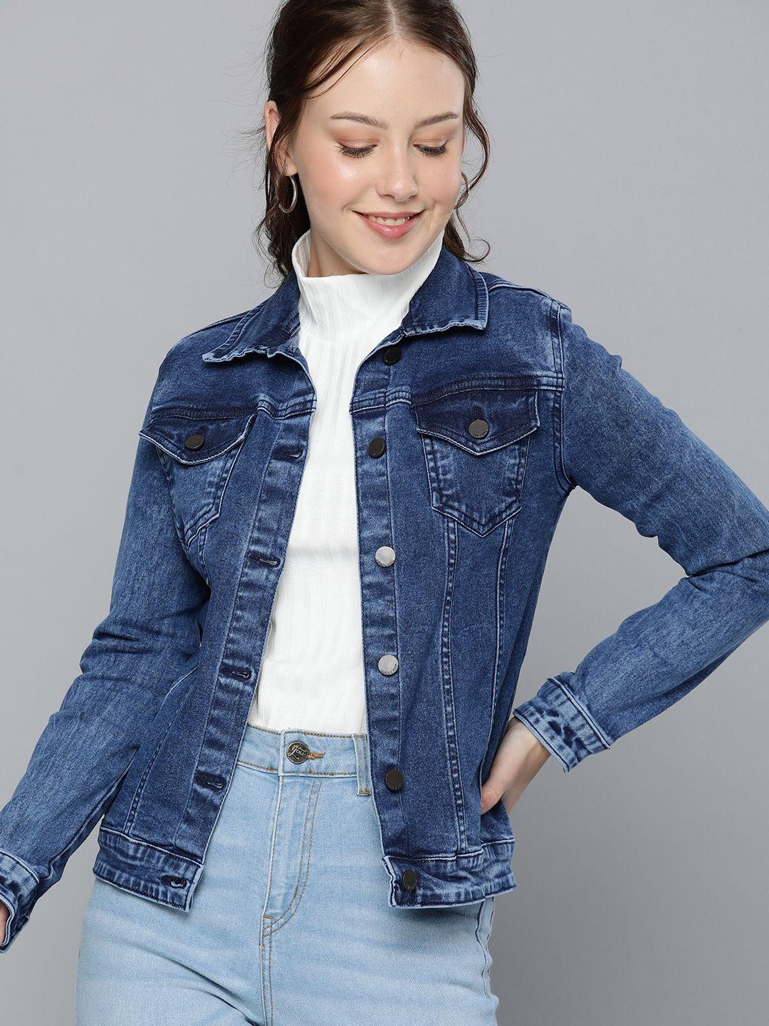 here&now women blue solid denim jacket