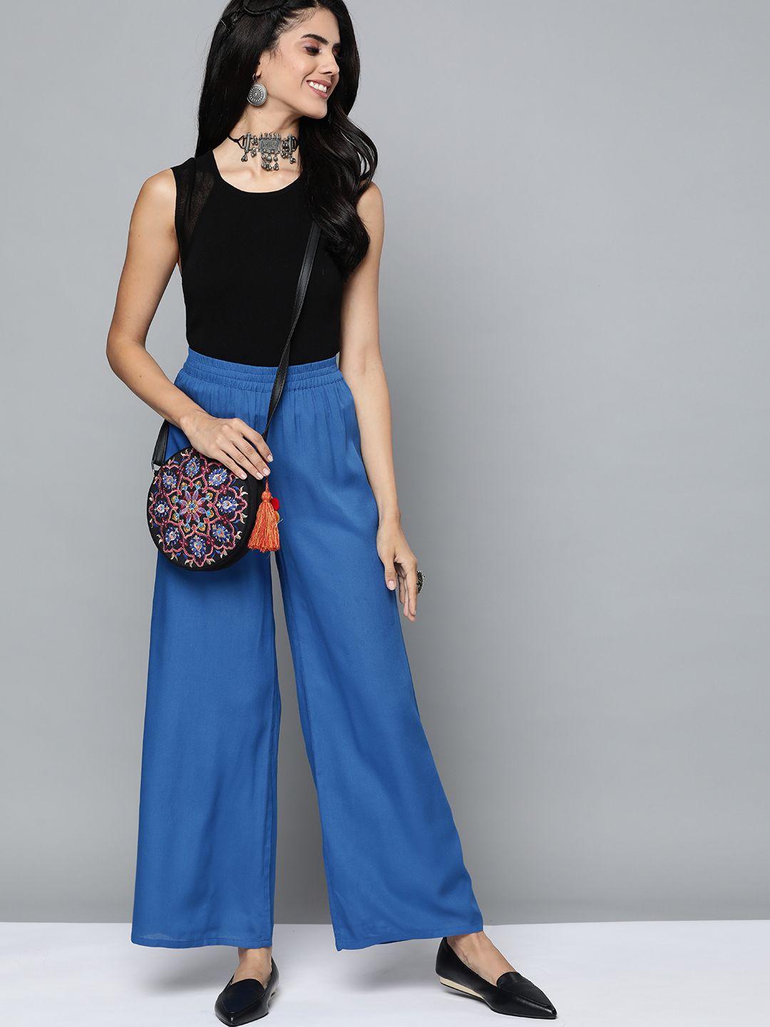 here&now women blue solid ethnic palazzos