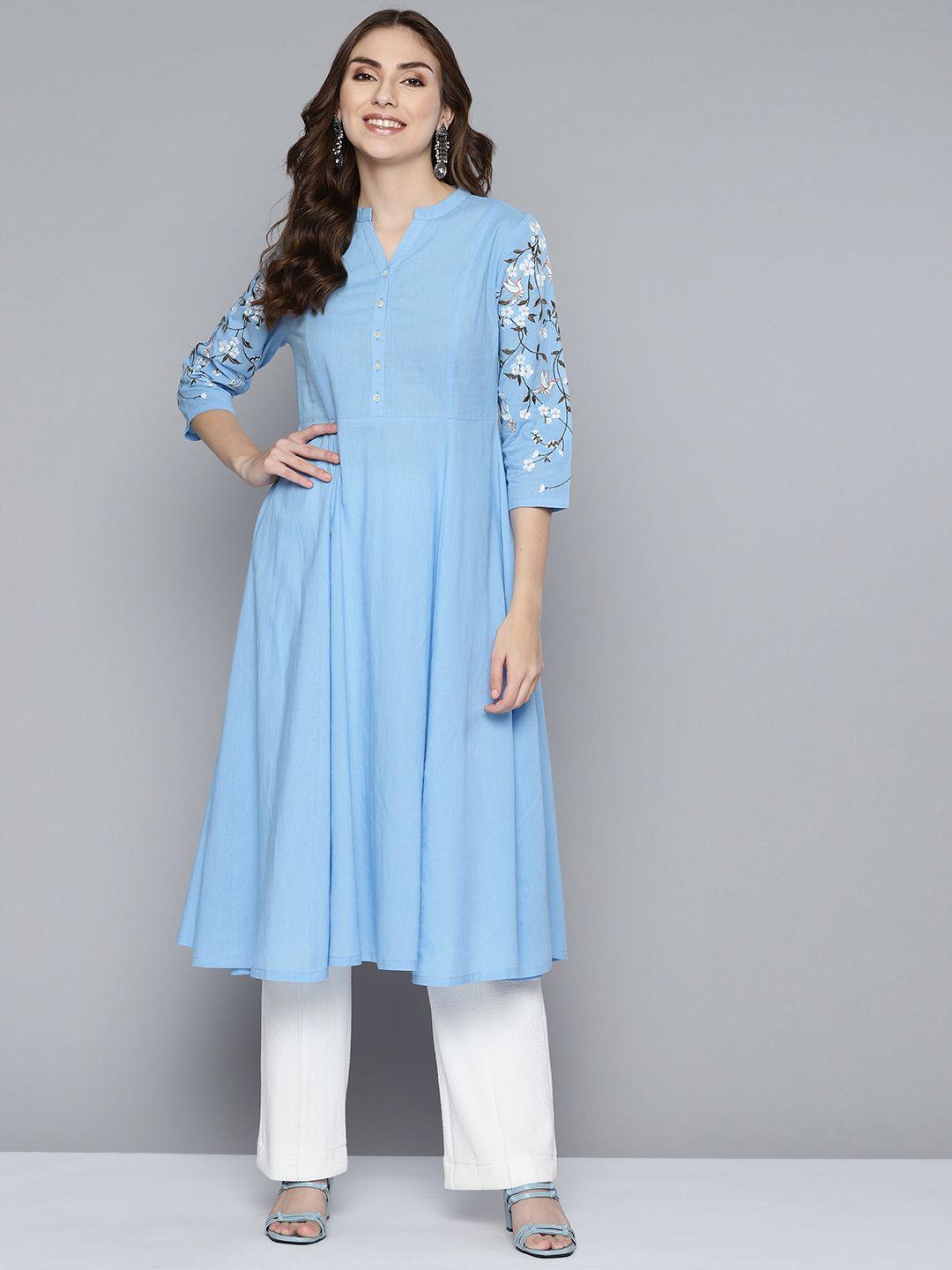 here&now women blue solid floral embroidery a-line kurta