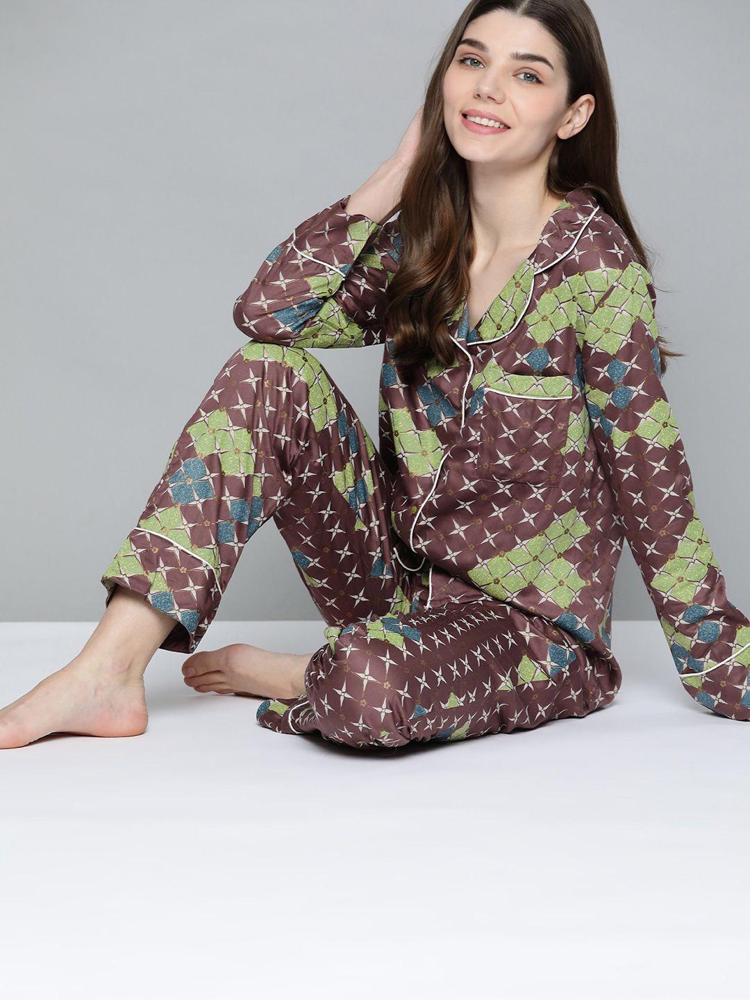 here&now women brown & green printed night suit