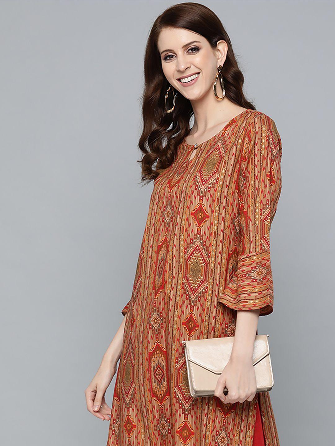 here&now women brown & red printed straight kurta