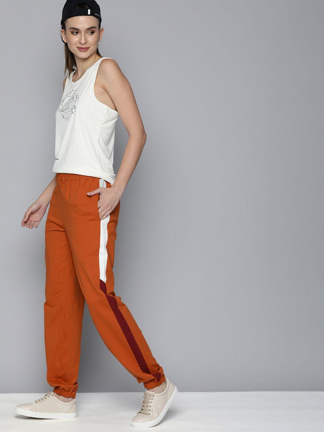 here&now women brown & white colourblocked side stripe mid rise casual joggers