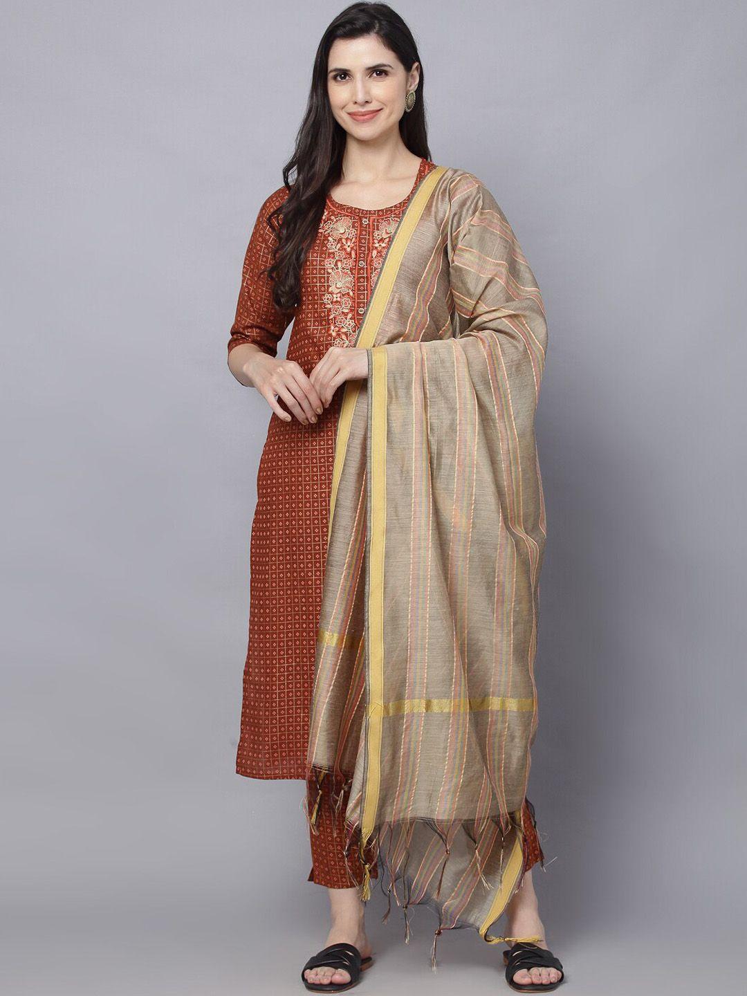 here&now women brown floral embroidered thread work pure cotton kurta with trousers & with dupatta