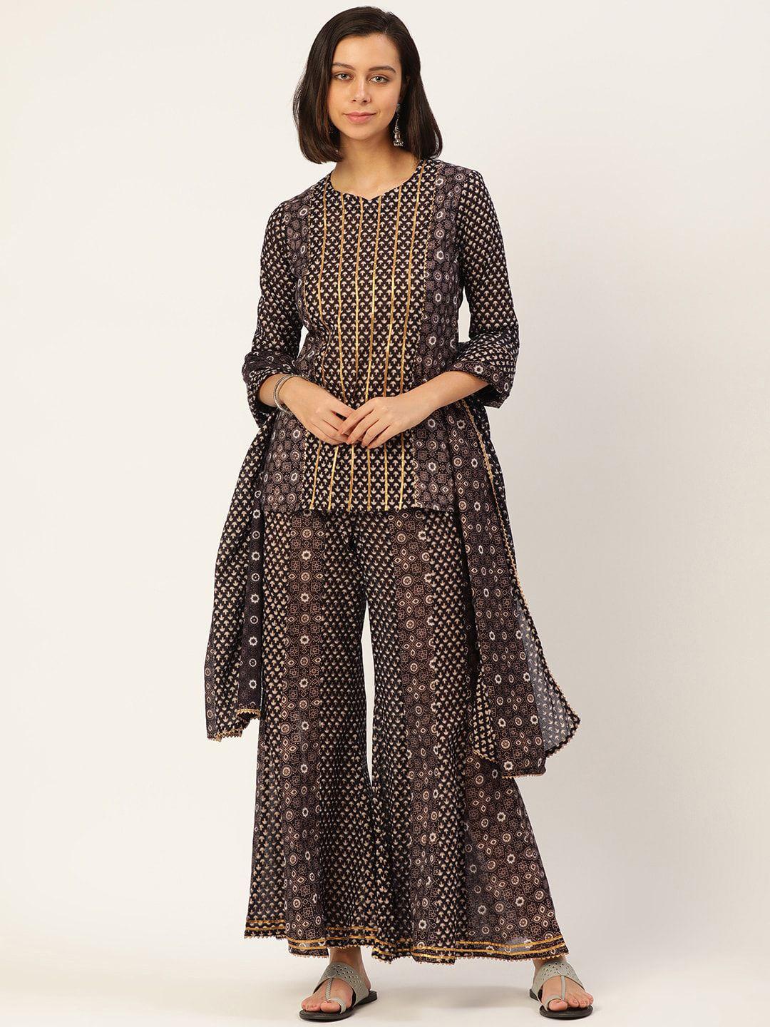 here&now women brown printed pure cotton top with palazzos & with dupatta