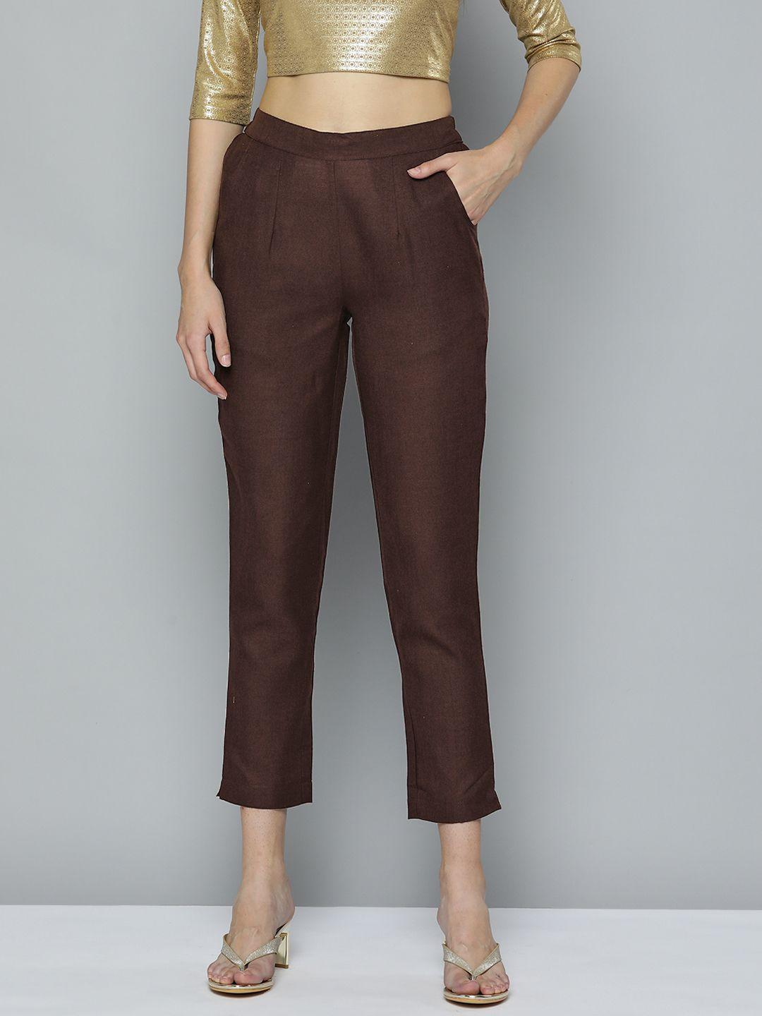 here&now women brown regular fit high-rise pleated trousers