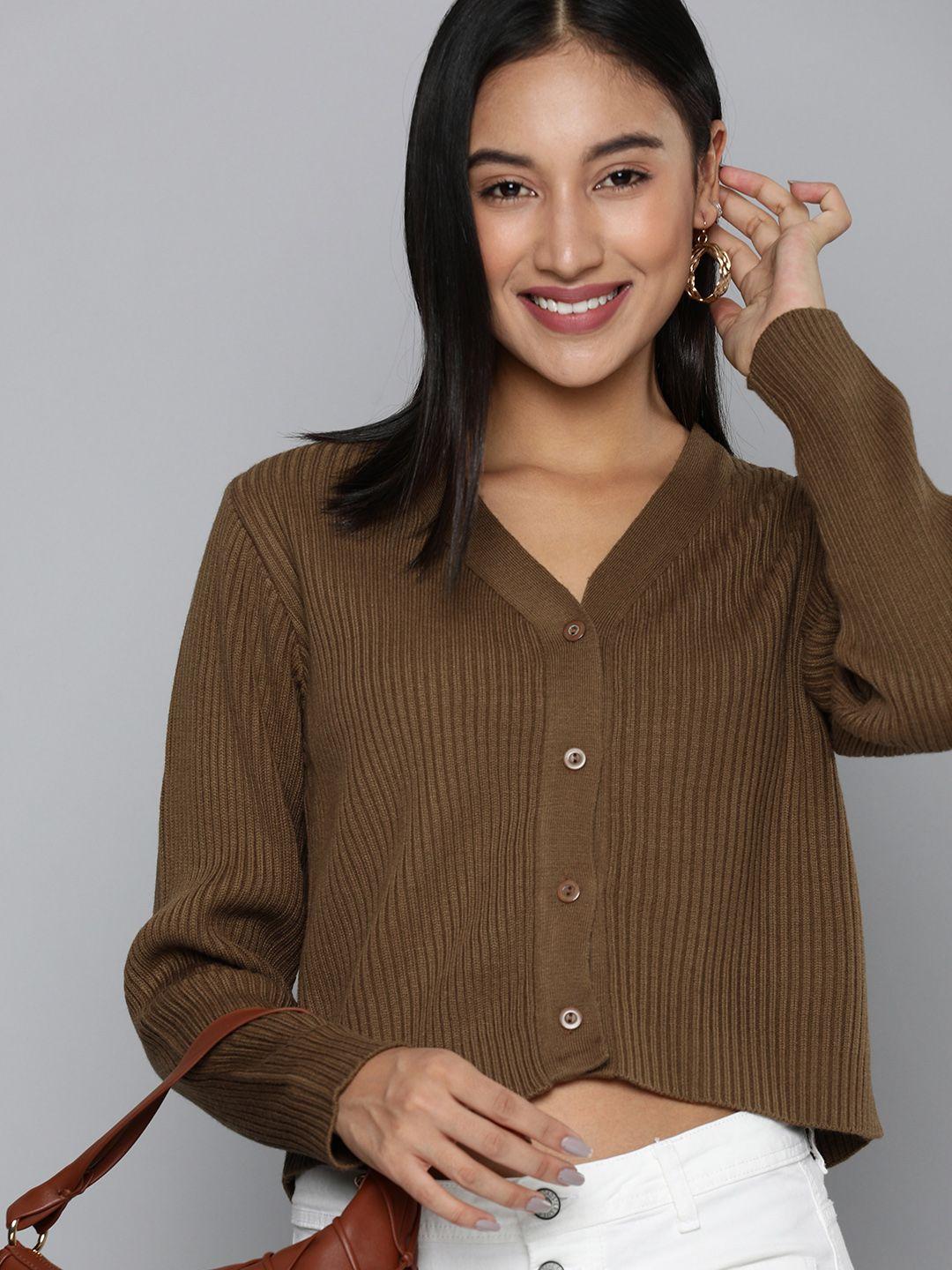 here&now women brown ribbed crop cardigan