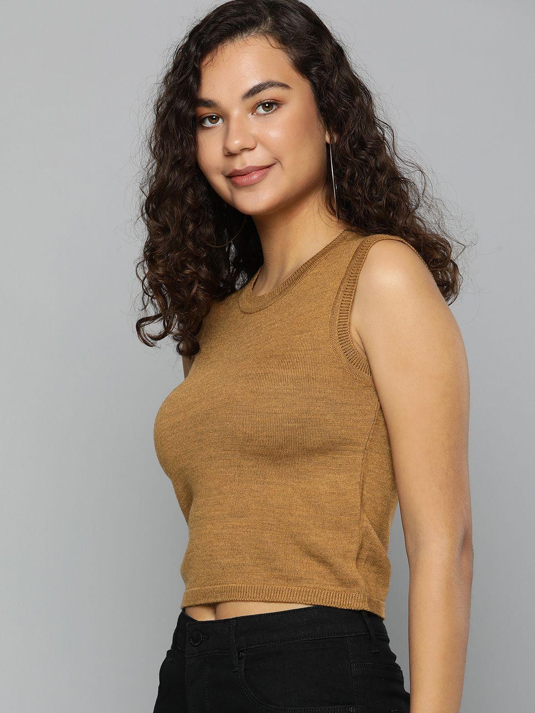 here&now women brown solid round-neck sleeveless crop pullover sweater