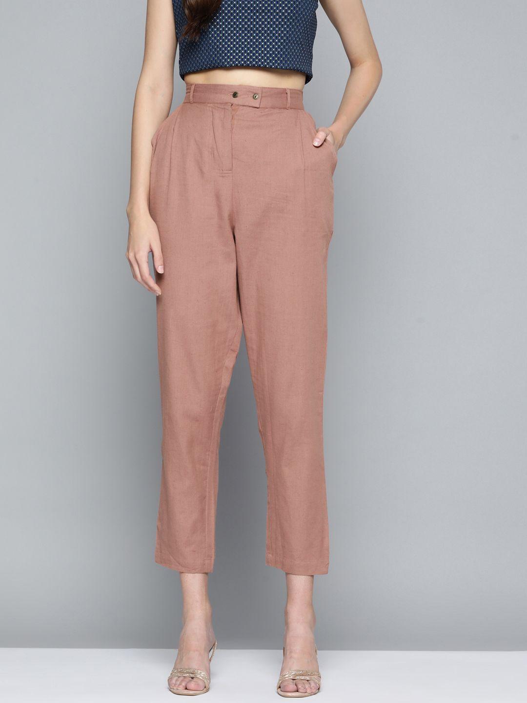 here&now women brown solid straight fit pleated trousers