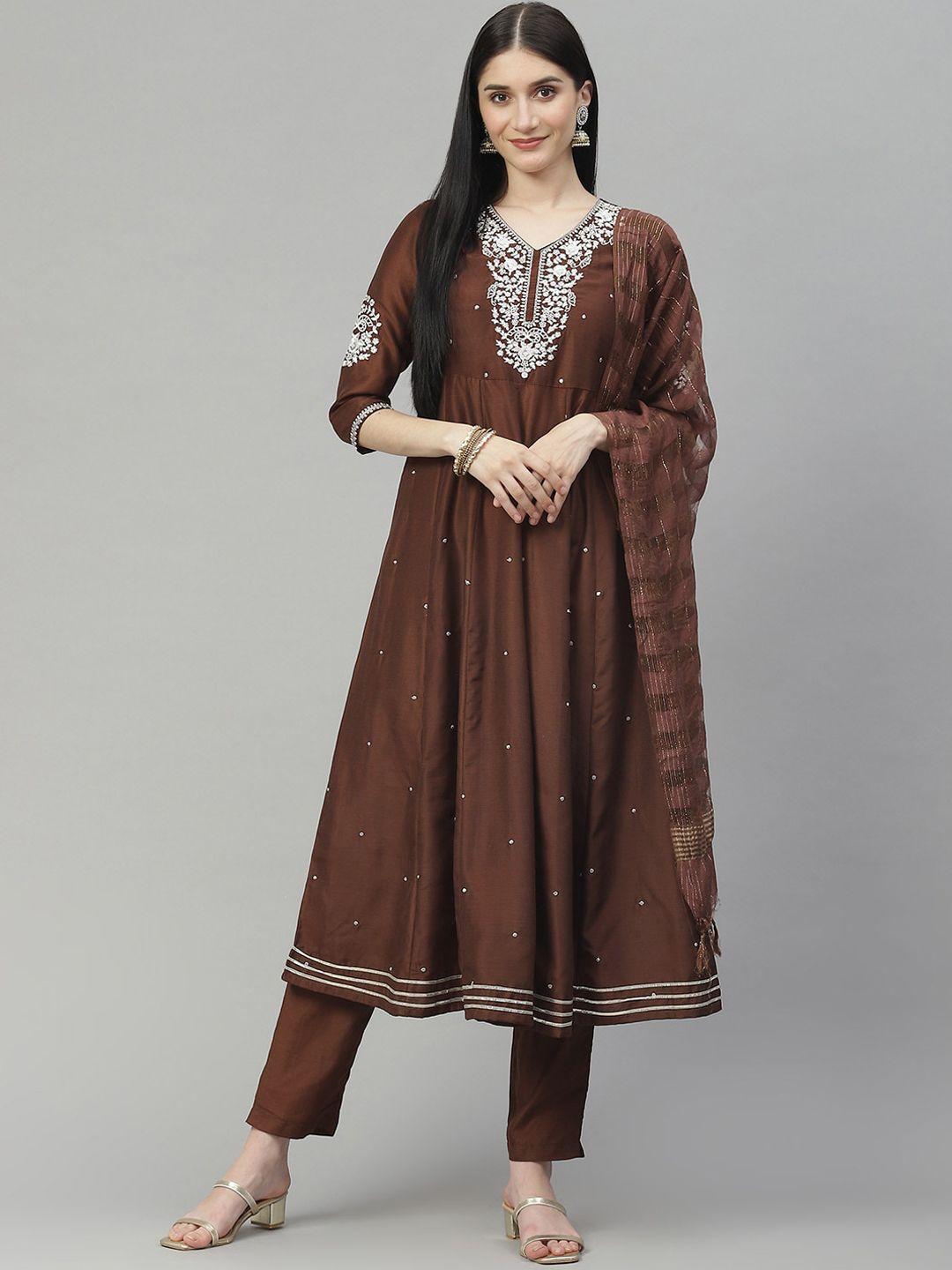 here&now women brown yoke design thread work kurta with trouser & with dupatta set