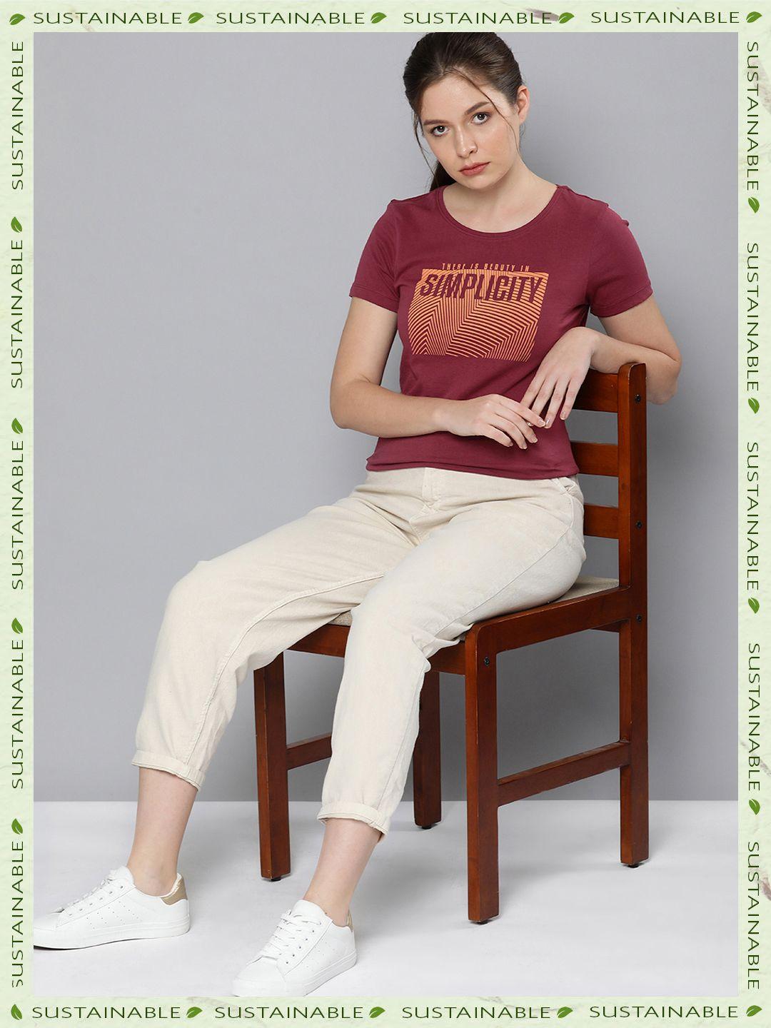 here&now women burgundy & orange printed pure cotton t-shirt