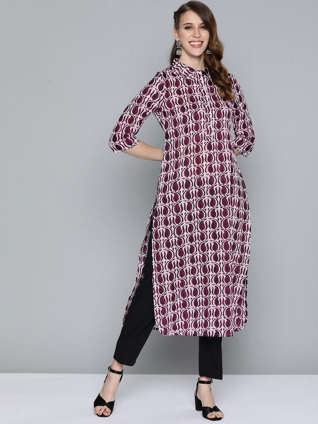 here&now women burgundy & pink paisley printed cotton kurta