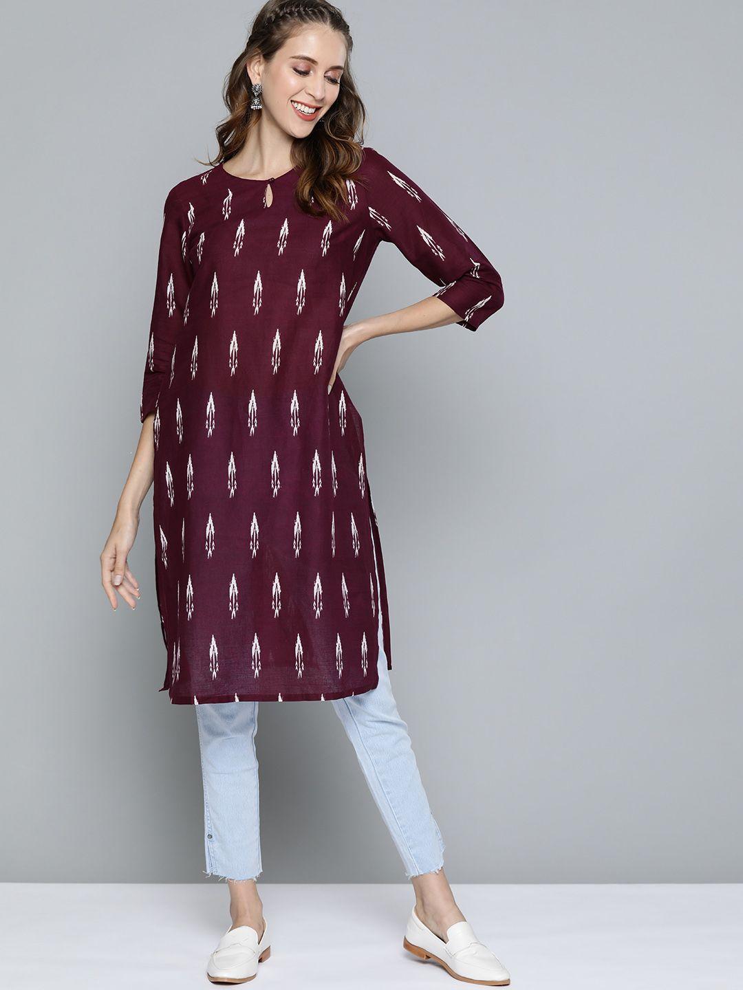 here&now women burgundy & white printed keyhole neck kurta