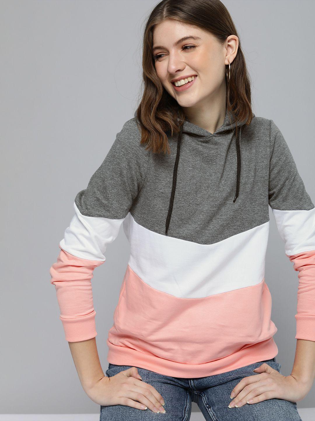 here&now women charcoal grey & pink colourblocked hooded sweatshirt