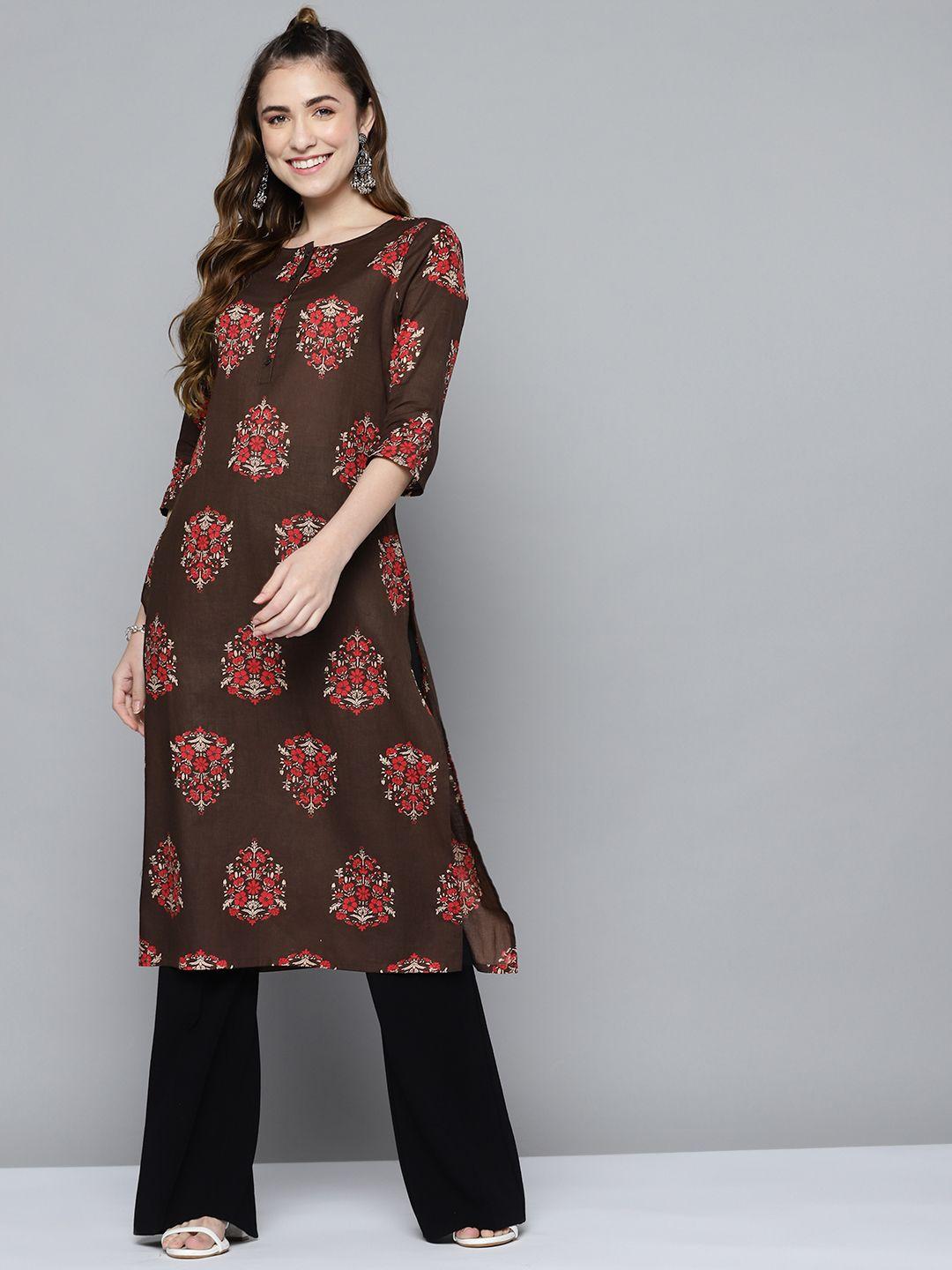 here&now women coffee brown & red pure cotton ethnic motifs printed kurta