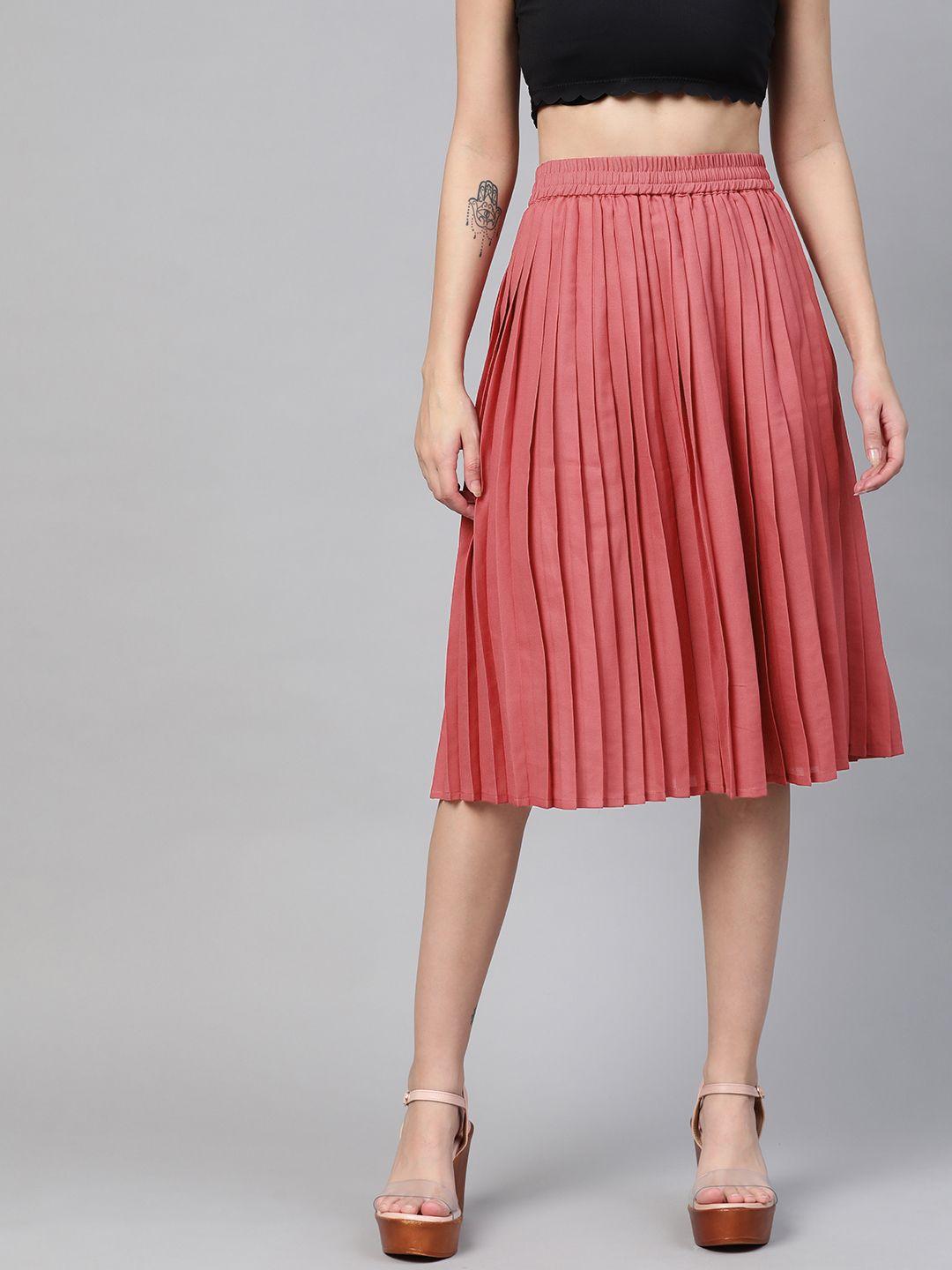 here&now women coral red accordion pleated solid a-line skirt