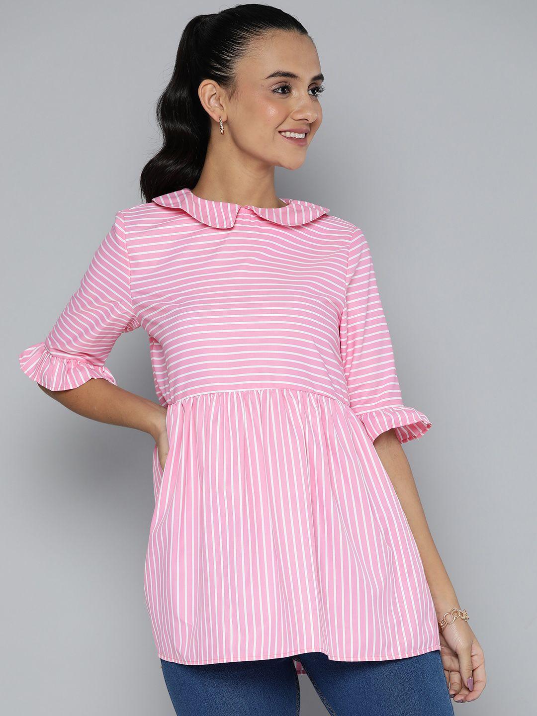 here&now women cotton striped peter pan collar peplum longline top