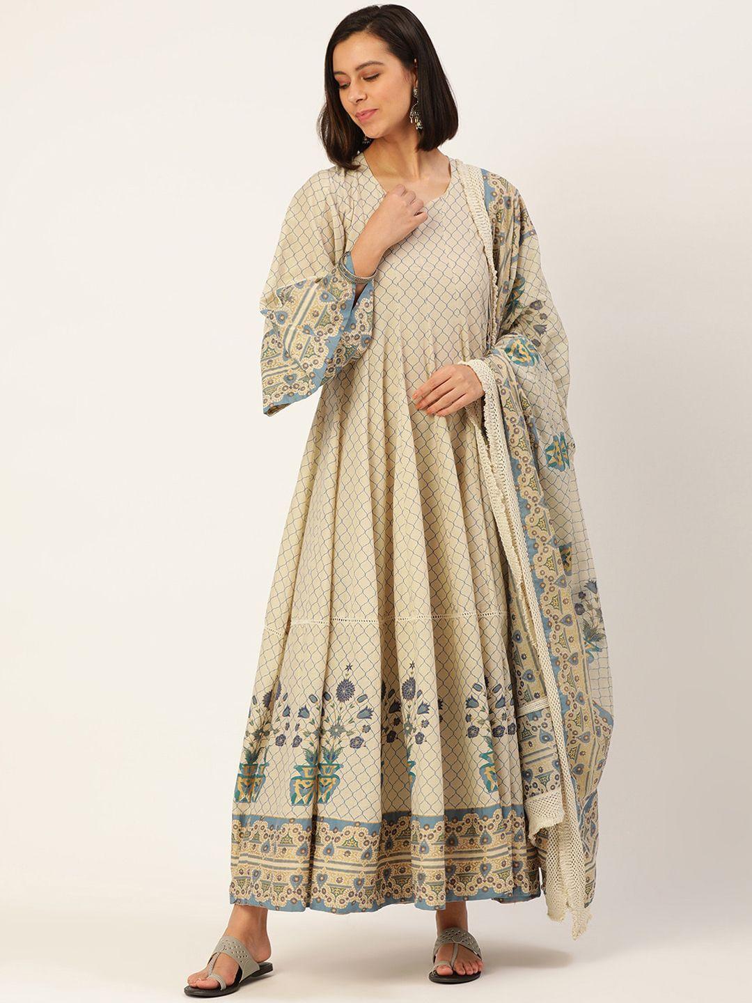 here&now women cream & blue floral printed anarkali kurta with dupatta