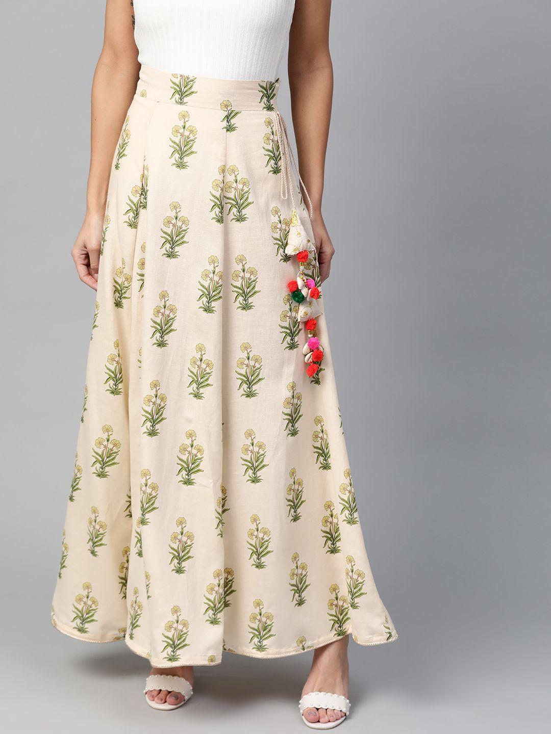 here&now women cream-coloured & green printed flared maxi skirt