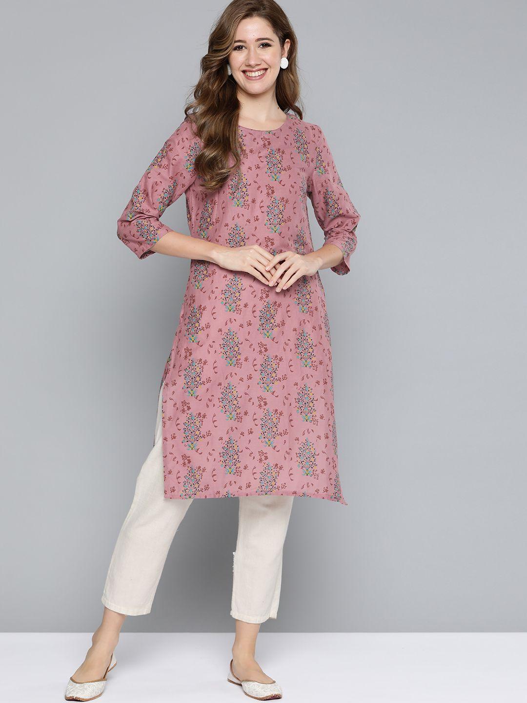 here&now women dusty pink & green ethnic motifs print kurta