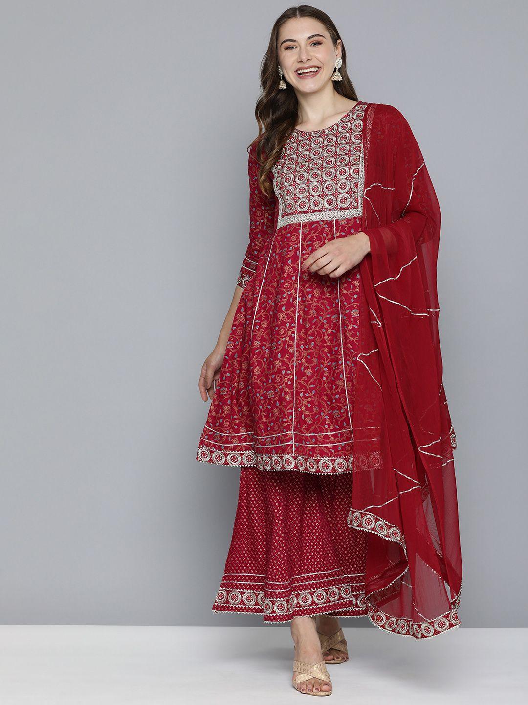 here&now women embroidered gotta patti pure cotton kurta with sharara & with dupatta