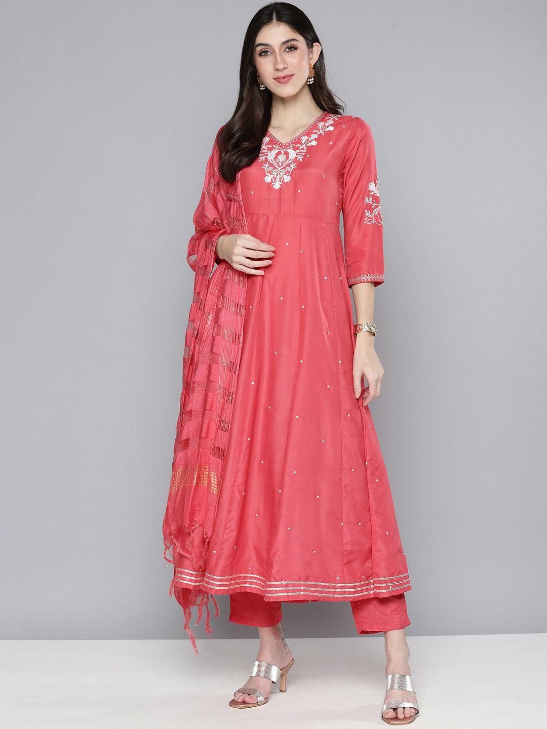 here&now women ethnic motifs embroidered kurta with trousers & dupatta