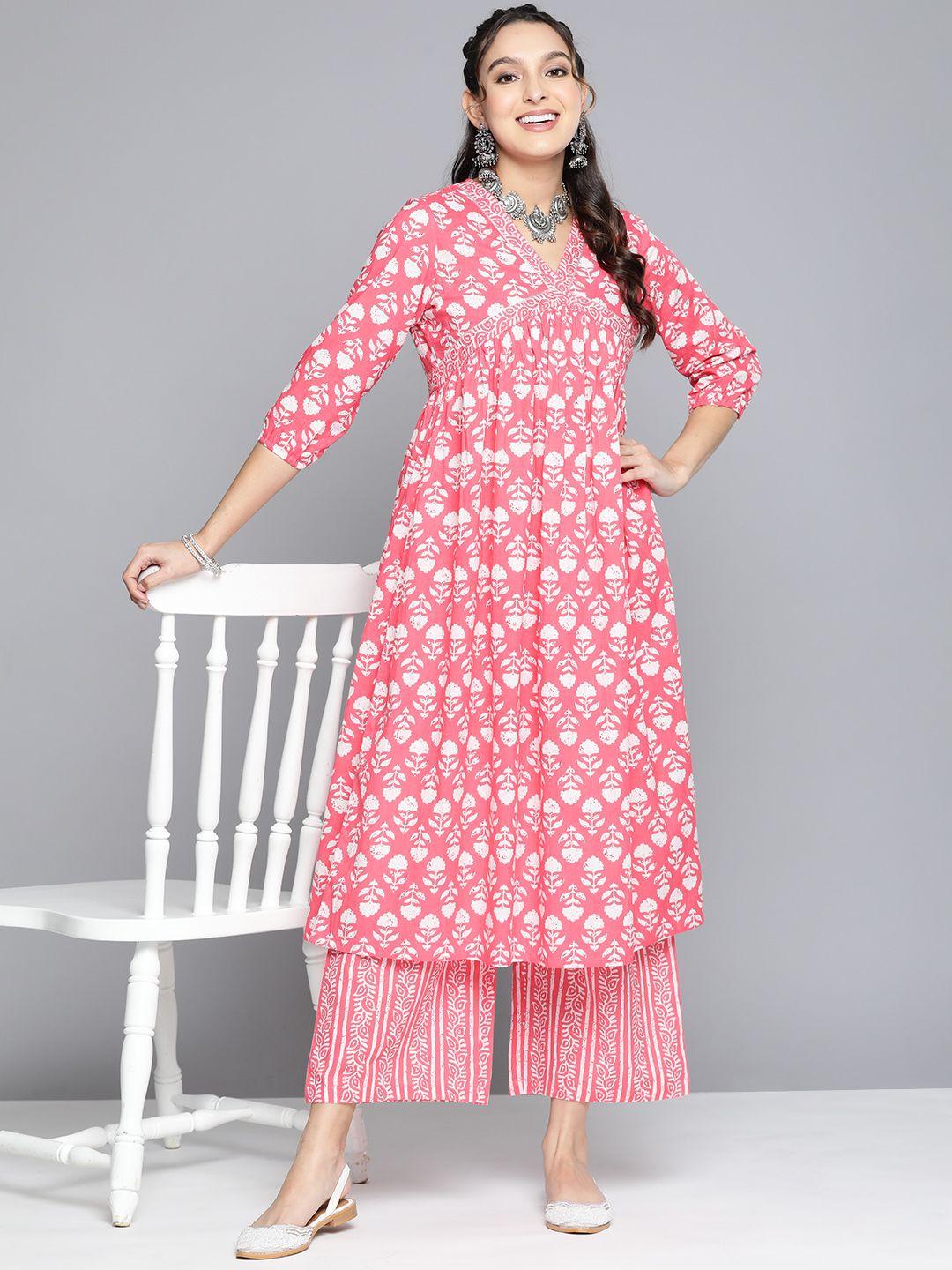 here&now women ethnic motifs printed empire pure cotton kurta with palazzos