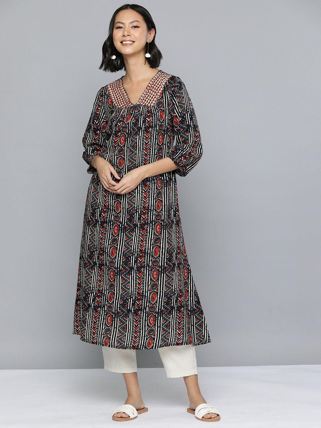 here&now women ethnic motifs printed gotta patti a-line kurta