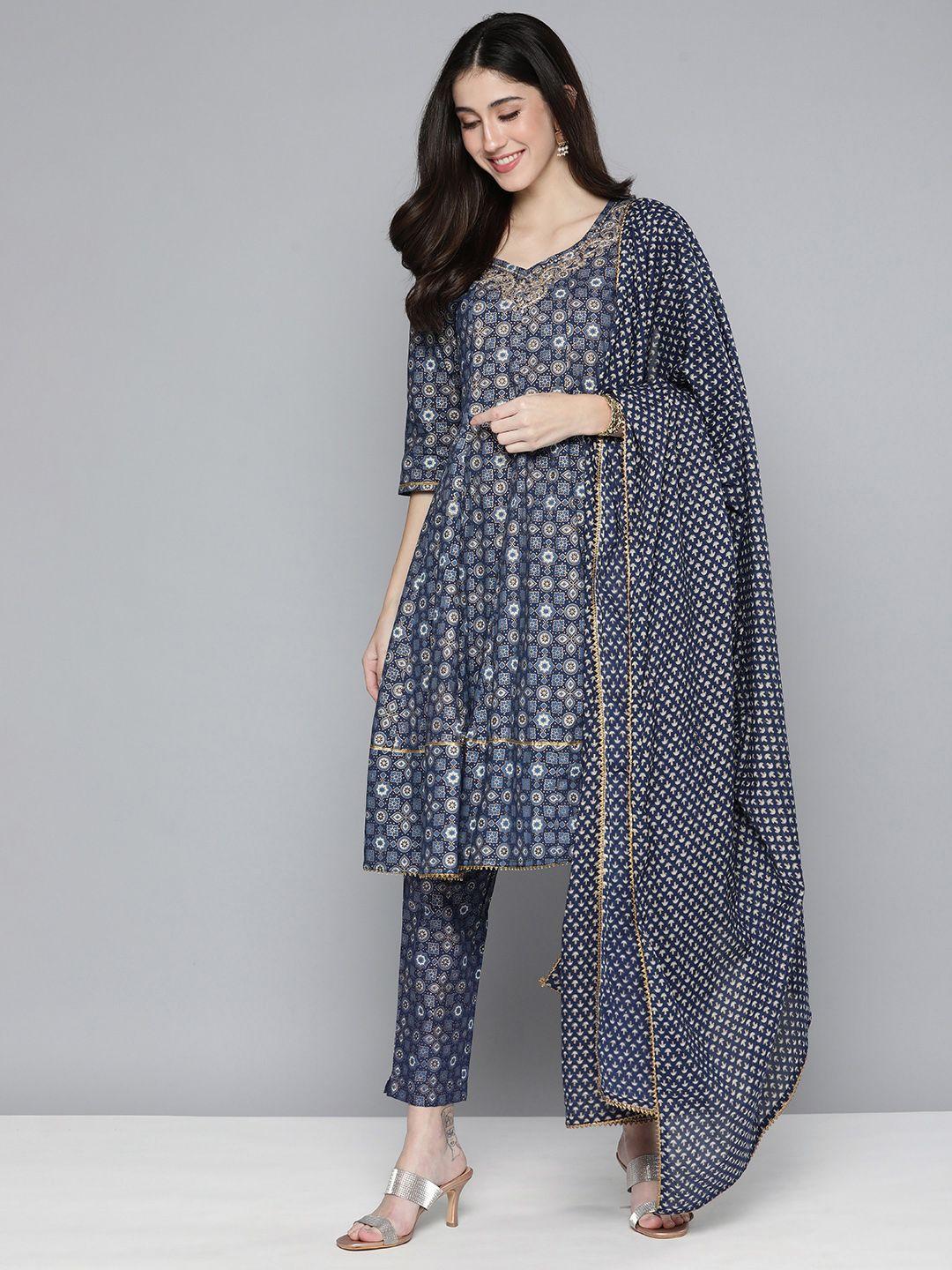 here&now women ethnic motifs printed pure cotton anarkali kurta with trousers & dupatta