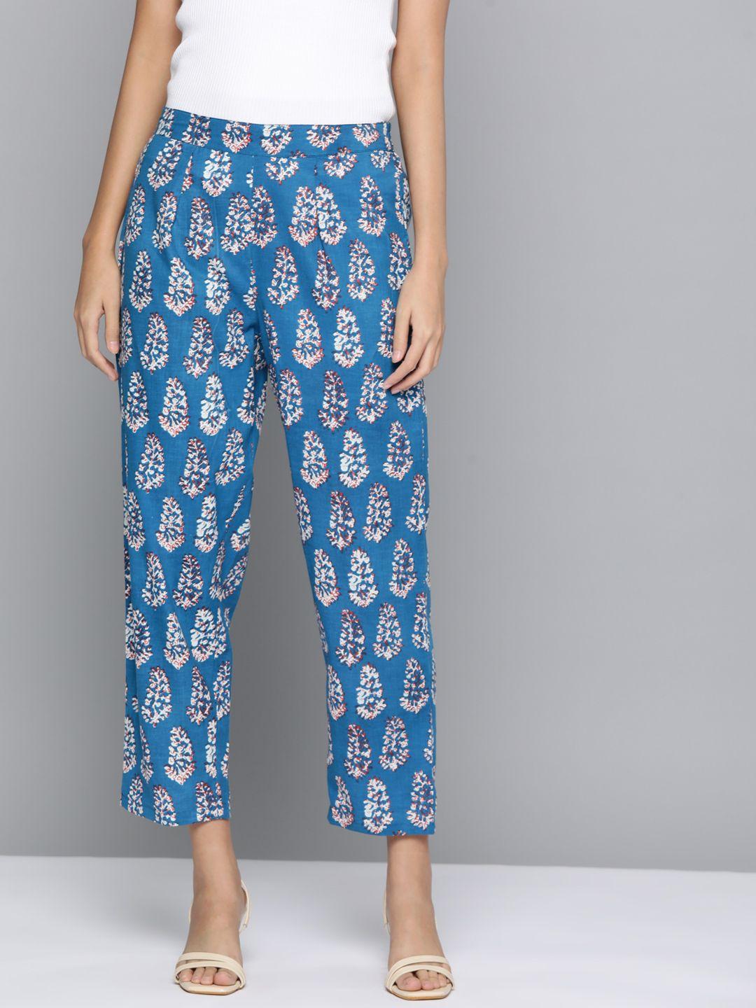 here&now women ethnic motifs printed pure cotton cropped trousers