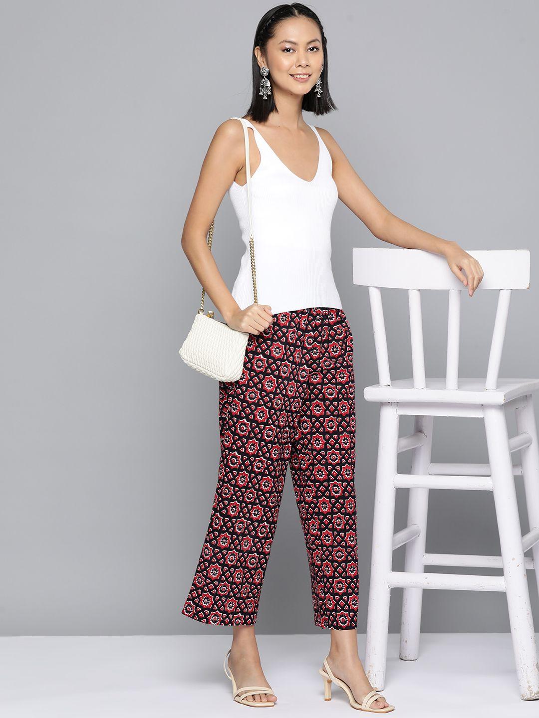 here&now women ethnic motifs printed pure cotton cropped trousers