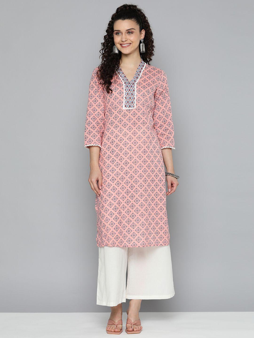 here&now women ethnic motifs printed pure cotton kurta with palazzos