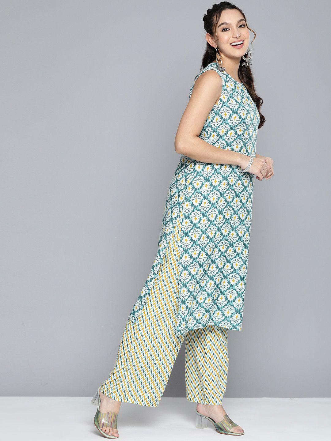 here&now women ethnic motifs printed pure cotton kurta with palazzos