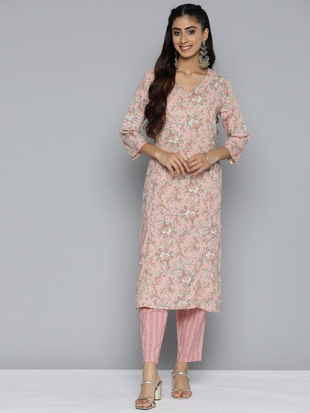 here&now women ethnic motifs printed pure cotton kurta with trousers