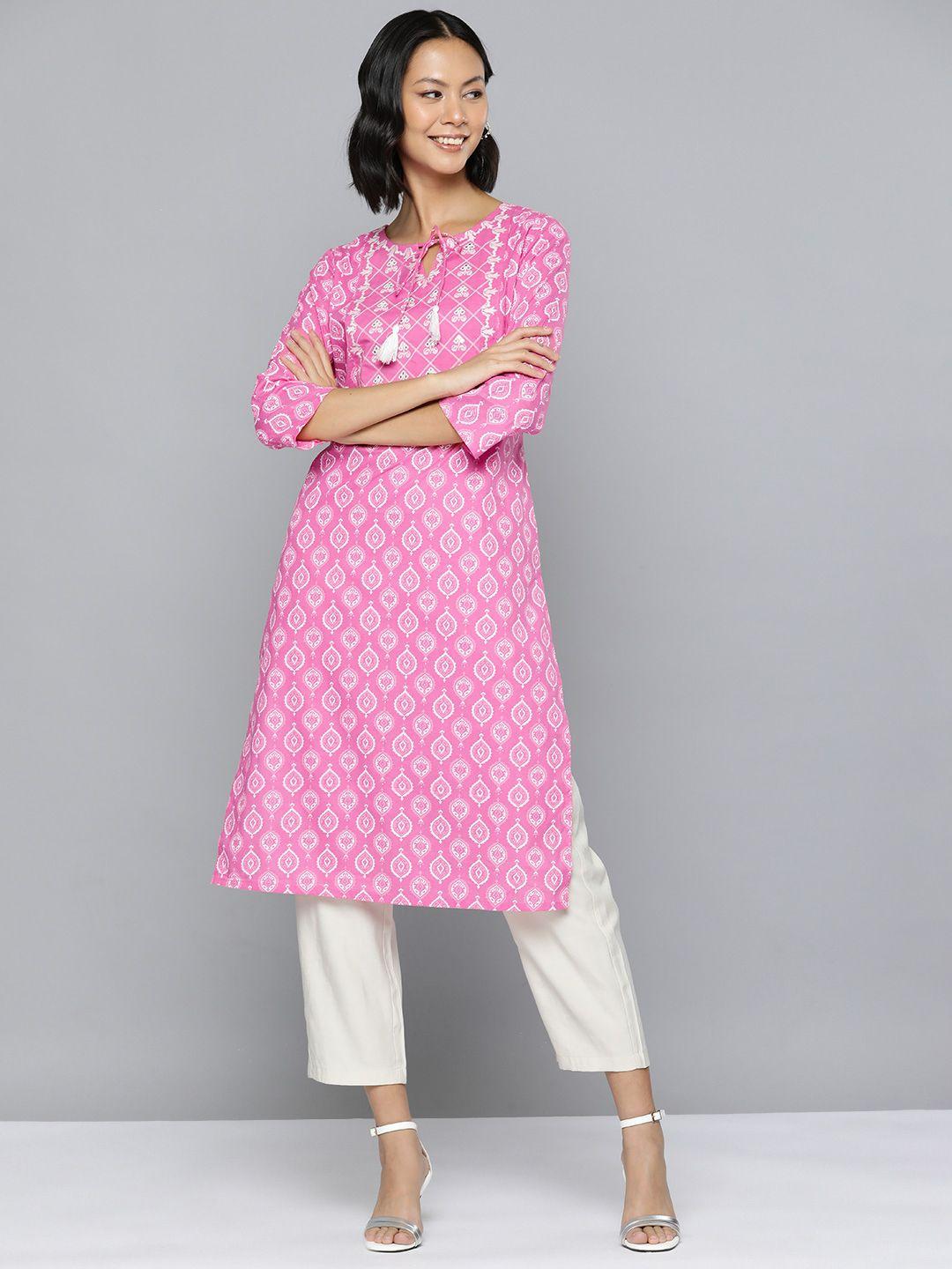 here&now women ethnic motifs printed pure cotton mirror work straight kurta