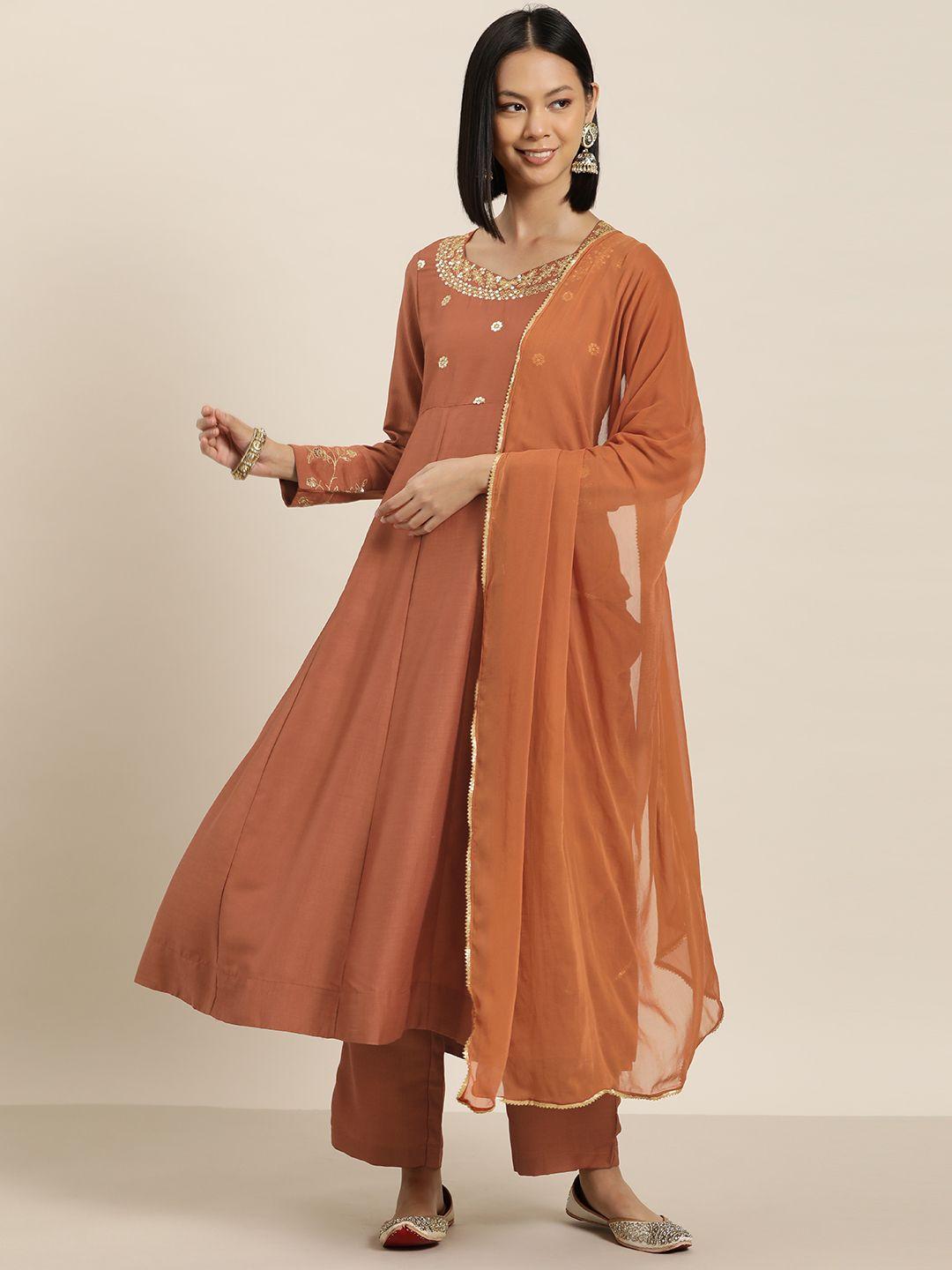 here&now women floral embroidered pleated & sequinned kurta with palazzos & dupatta