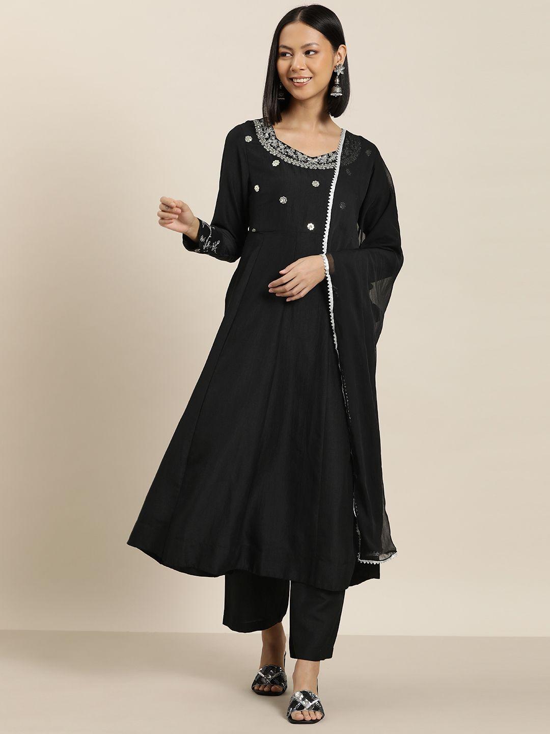 here&now women floral embroidered pleated & sequinned kurta with palazzos & dupatta