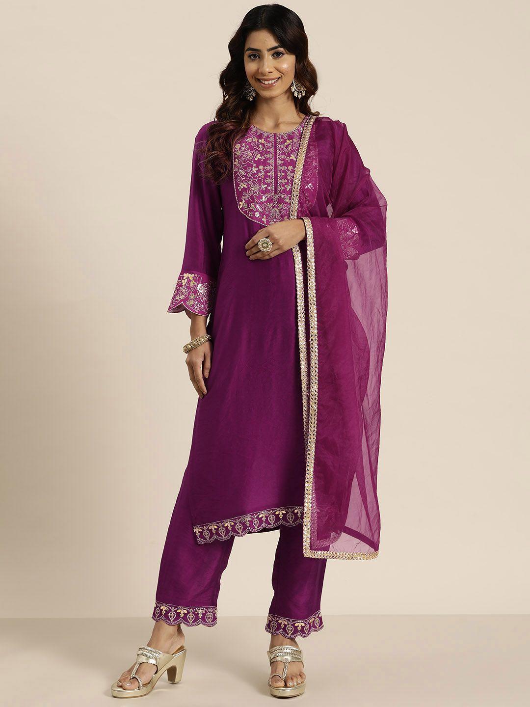 here&now women floral embroidered regular sequinned chanderi silk kurta with trousers & with dupatta