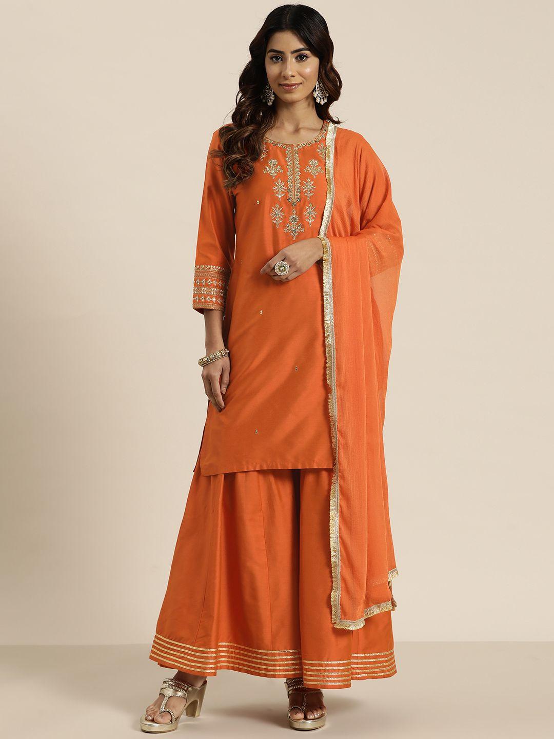 here&now women floral embroidered regular sequinned kurta with sharara & with dupatta