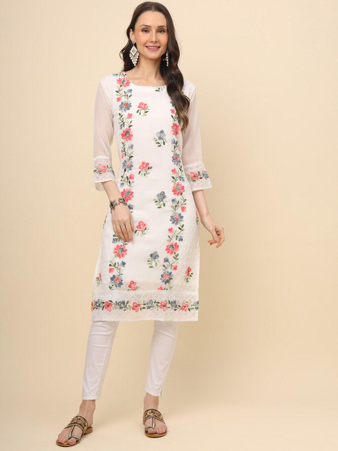 here&now women floral embroidered thread work floral georgette kurta