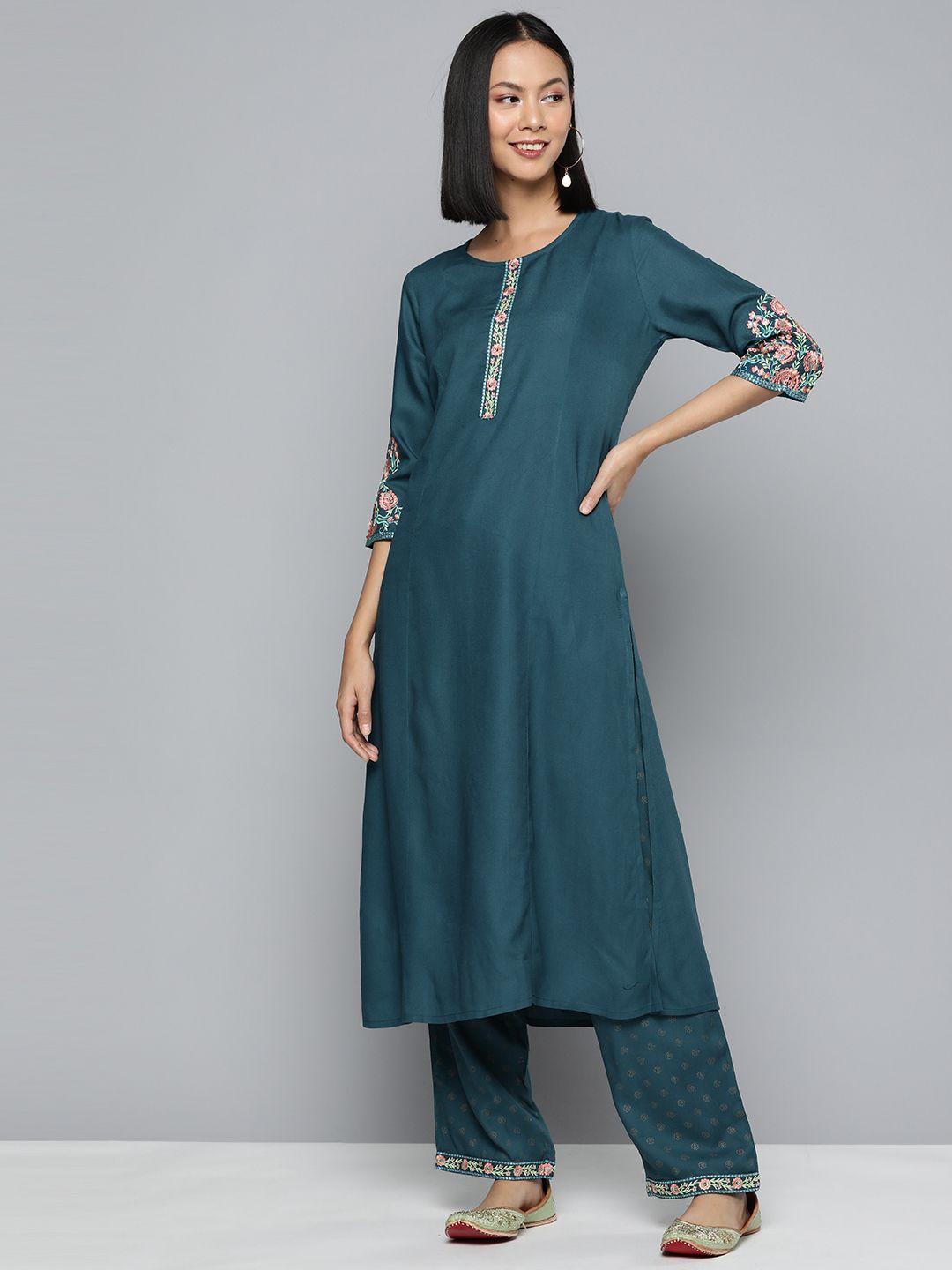 here&now women floral embroidered thread work kurta with palazzos