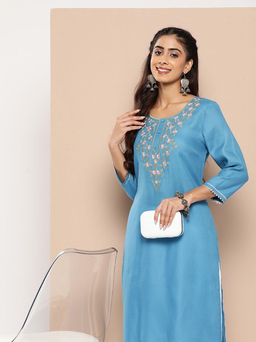 here&now women floral embroidered thread work kurta