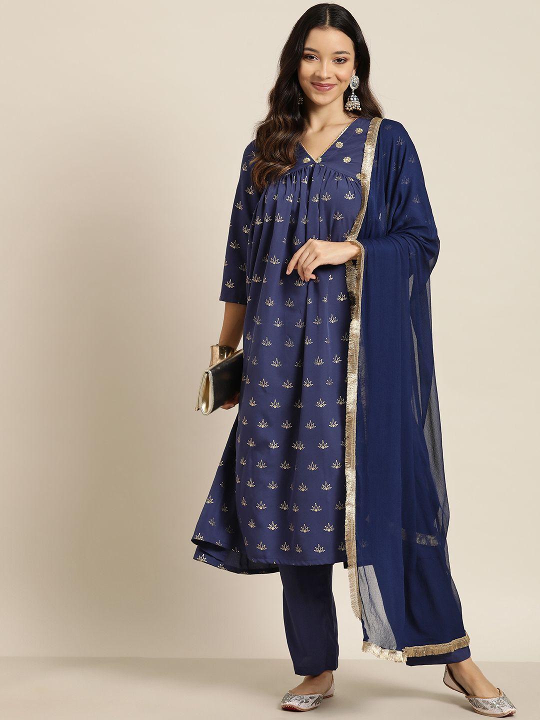 here&now women floral foil printed empire gotta patti kurta with trousers & dupatta