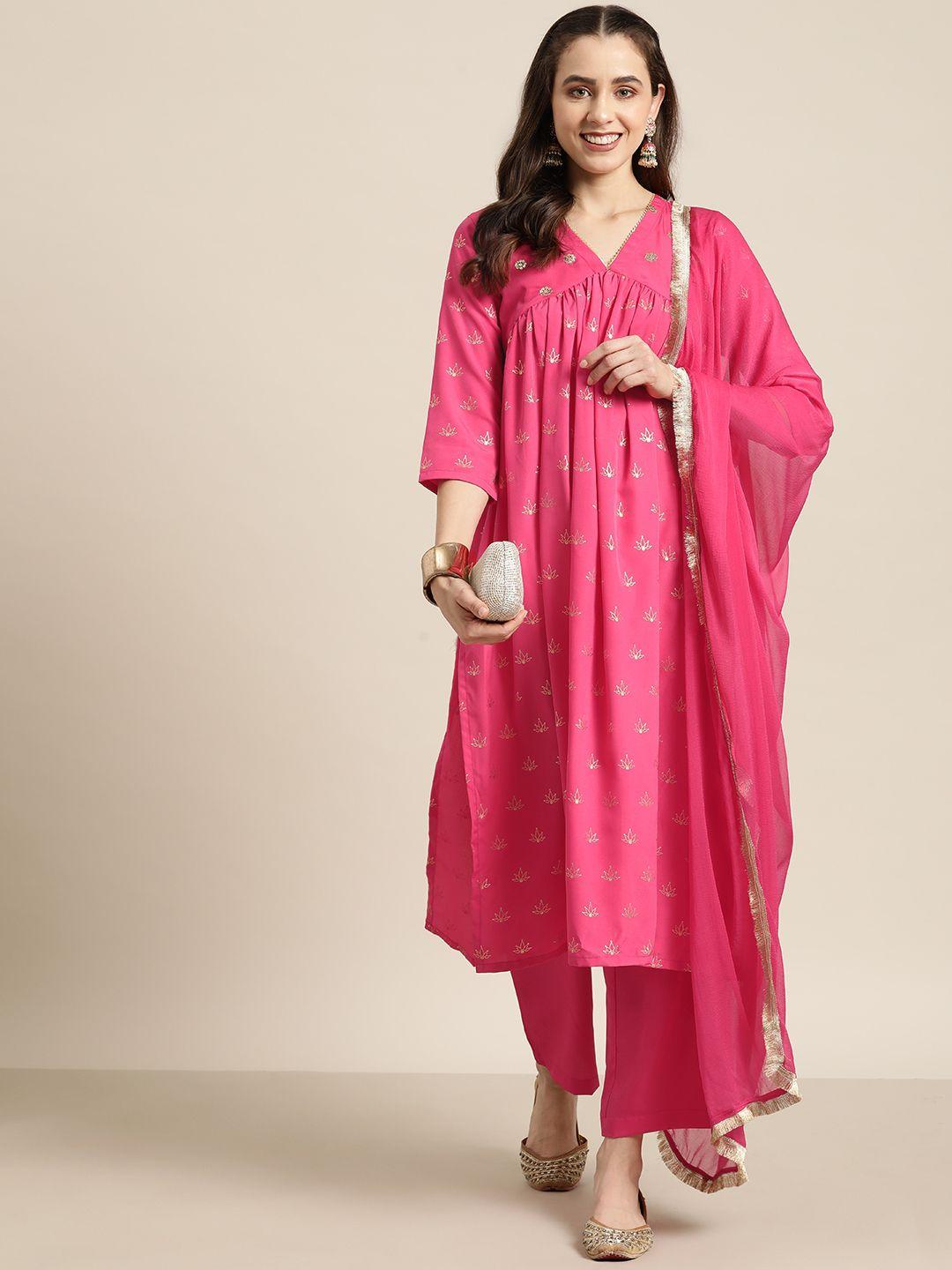 here&now women floral foil printed empire gotta patti kurta with trousers & dupatta