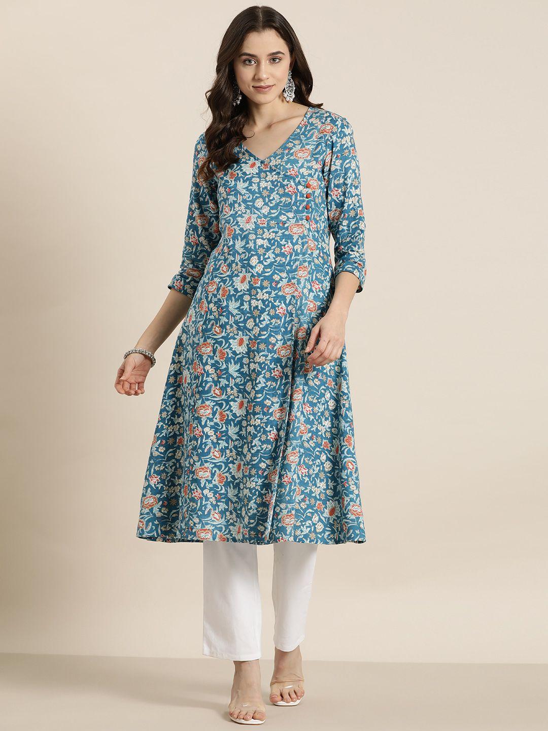 here&now women floral printed angrakha a-line kurta