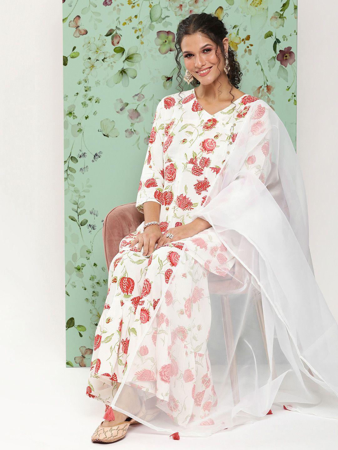 here&now women floral printed angrakha kurti with sharara & with dupatta