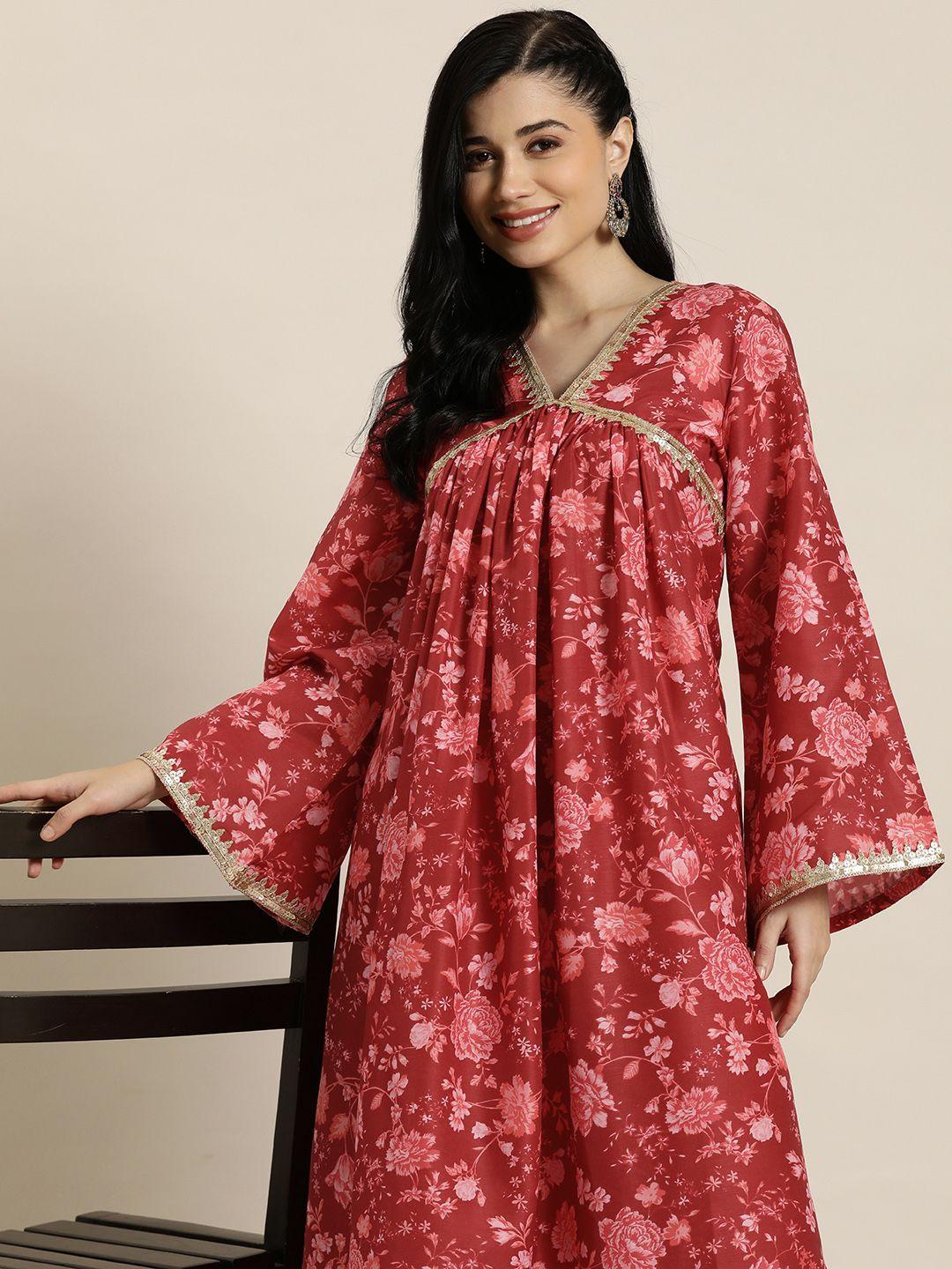 here&now women floral printed empire gotta patti kurta with palazzos