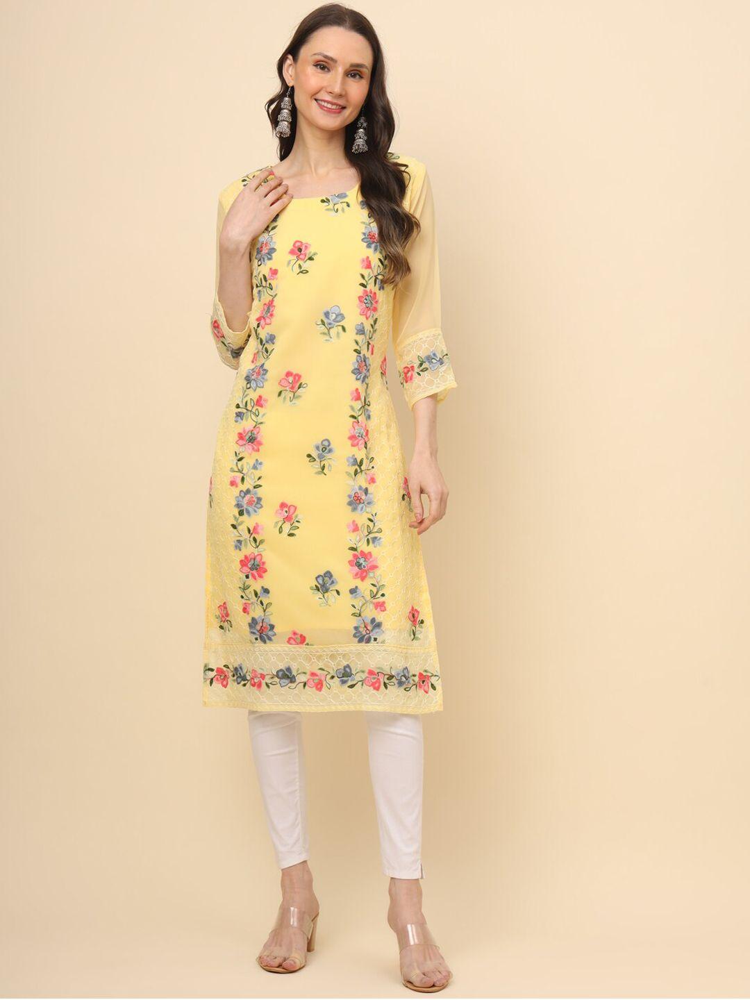 here&now women floral printed flared sleeves sequinned floral georgette kurta