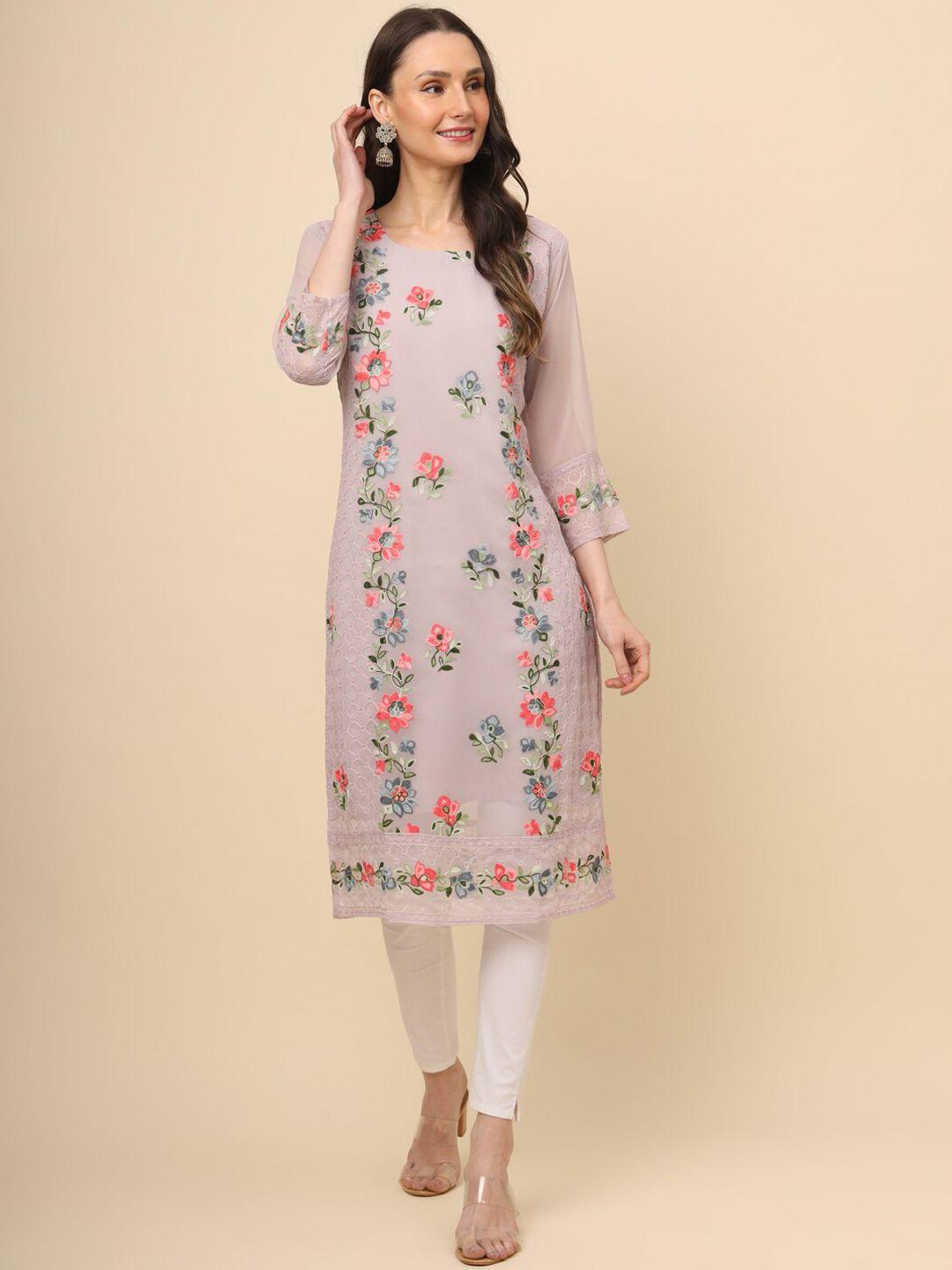 here&now women floral printed flared sleeves thread work floral georgette kurta