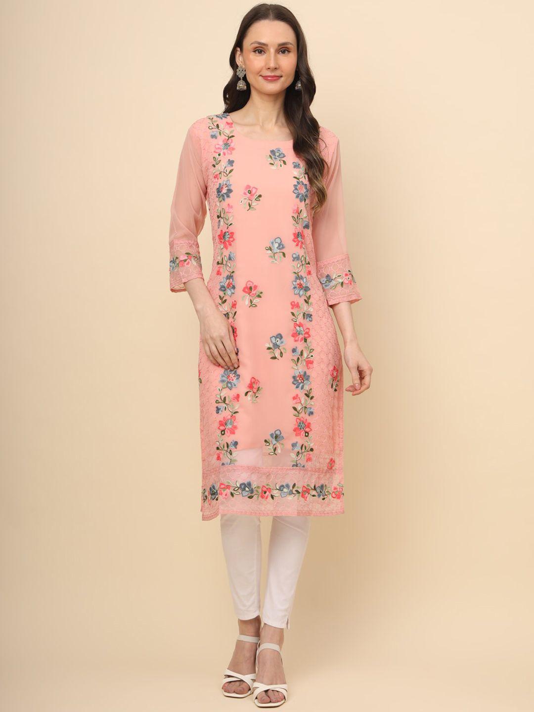 here&now women floral printed flared sleeves thread work floral georgette kurta